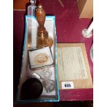 A small selection of collectable items including a boxed Wills bezique games, a brass bell, etc.