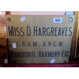 An old brass commercial door plaque for Miss D. Hargreaves, Music Teacher