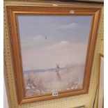 L. Keswick: a gilt framed oil on canvas board, depicting a woman standing on a beach - signed