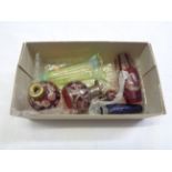 A box containing a small selection of glass items including an overlay scent bottle a/f, vaseline
