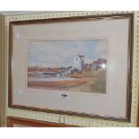Mike Norman: a watercolour view of Woodbridge with waterside buildings and various boats - signed,