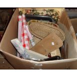 A box containing assorted collectable items including trays, kitchen implements, etc.