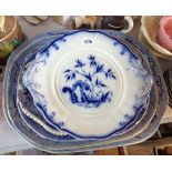 Three antique blue and white Willow pattern meat plates - sold with two blue and white tureen