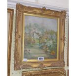 An ornate gilt framed oil on canvas under glass, depicting a cottage garden - unsigned