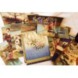 A small collection of early 20th Century Japanese tinted photographs and an embroidered silk draw-