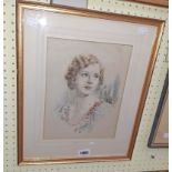 Innes Johnson: a gilt framed mixed media head and shoulders portrait of a lady - signed - foxing