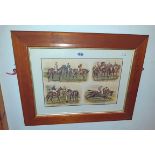 A stained pine framed old polychrome four scene horse racing print