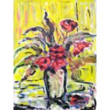 †Paul Maze: an oak framed acrylic still life vase of flowers on a table - signed Maze - 59cm X 44cm