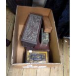 A box containing assorted collectable boxes including carved wooden box with coat of arms, cash