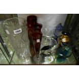 Three ruby flash cut glass vases, three others, a Murano dolphin figure and M'dina vase and a