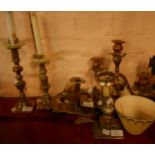 A selection of antique and later brassware including three branch Art Nouveau candelabra,