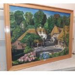 E.G. Hambling: a large stained wood framed oil on canvas, depicting a scene at Cockington - signed
