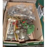 A box of assorted kitchenalia including enamel and other mincers, knife sharpener, etc.
