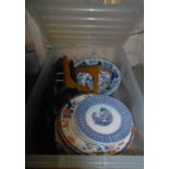 A crate containing a selection of antique Mason's Ironstone and other decorative plates and wooden