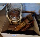 A box containing a quantity of treen including bowl of fruit and cribbage board, also two late