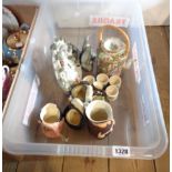 A box containing assorted ceramic items including Royal Doulton character jugs, etc.