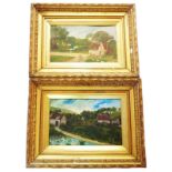 A pair of ornate gilt framed late 19th Century/early 20th Century naive oils on board, one depicting