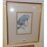 A gilt framed watercolour profile portrait of a young man wearing a blue beret - unsigned