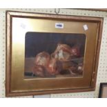 A gilt framed and slipped oil on canvas board still life with onions in a bowl on a table -