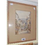 W. Sands: a framed watercolour, depicting a view of the main street in Clovelly, looking down