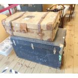 A 100cm vintage travelling trunk with metal bound corners - sold with a vintage suitcase with