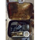 A old tin hatbox with contents including old spectacles and pince nez, a Rolliecord twin reflex