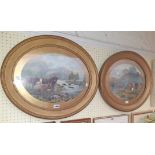 A pair of oval gilt framed and slipped old coloured prints, depicting highland cattle in river