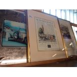 Two vintage framed car advertising posters - sold with a vintage Rolls Royce mirror