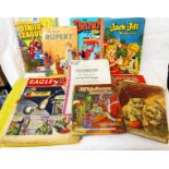 A bag containing various vintage children's annuals, Eagle comics and copy of the 1778 George III