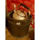 An antique copper coal bucket and two liners and a vintage aluminium Aga kettle
