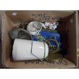 A small box of assorted collectable items including enamel billy can, etc.