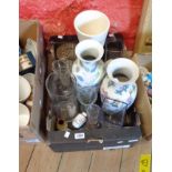 A box containing assorted ceramic and glass vases - sold with a vintage thermos jug