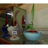 Five vintage Murano glass animal figures - two ducks, two pheasants and a fish, all with labels -