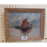 In the style of Edwin Fletcher: a gilt framed oil on canvas, depicting sailing vessels off the coast