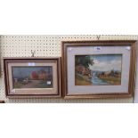 Two framed oils on board by the same hand, one depicting washerwomen by a stream, the other