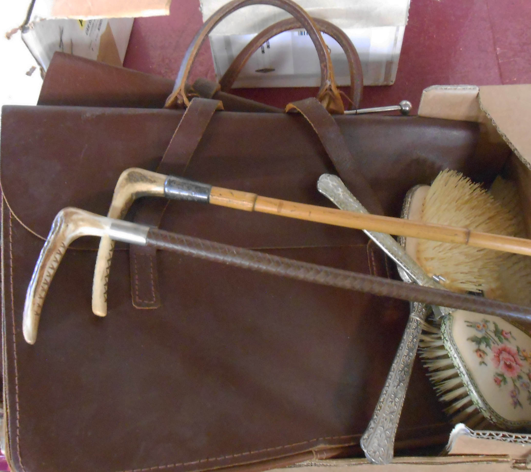 Two vintage leather school satchels - sold with two old riding crops and dressing table brush set