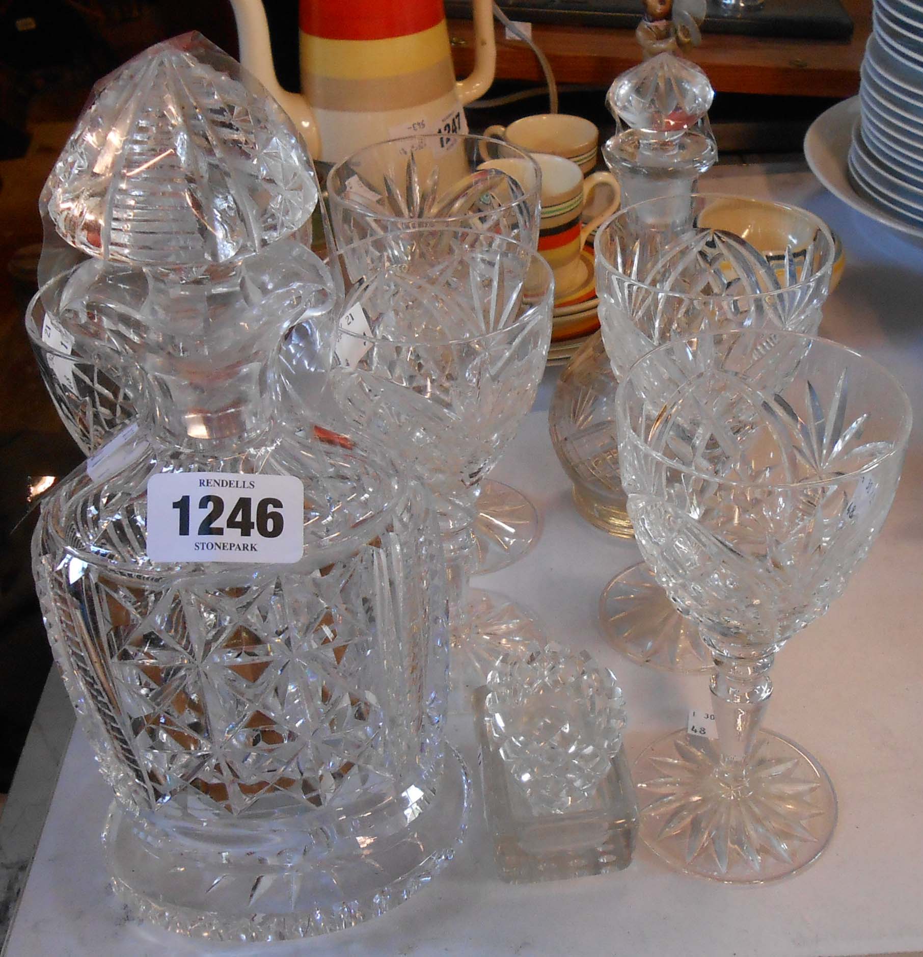 A heavy cut glass spirit decanter - sold with six goblets, etc.