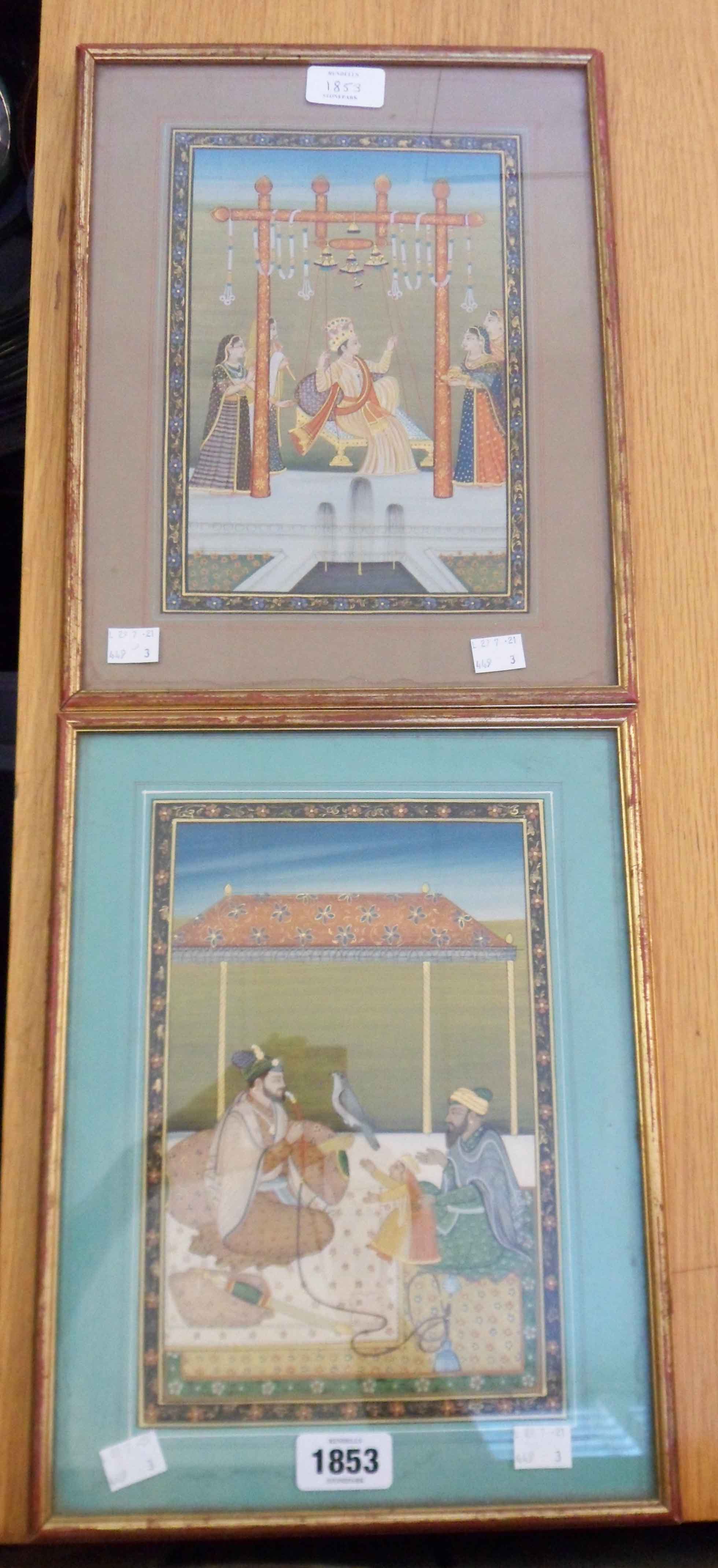 A pair of gilt framed Mughal paintings, one depicting a figure on a swing, the other figures with