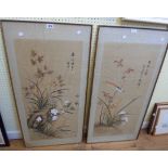 A pair of 20th Century Chinese paintings on silk both, depicting perching birds, foliage and flowers