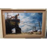 †John Sutton: a framed oil on board, depicting The Mercie and other beached vessels - signed and