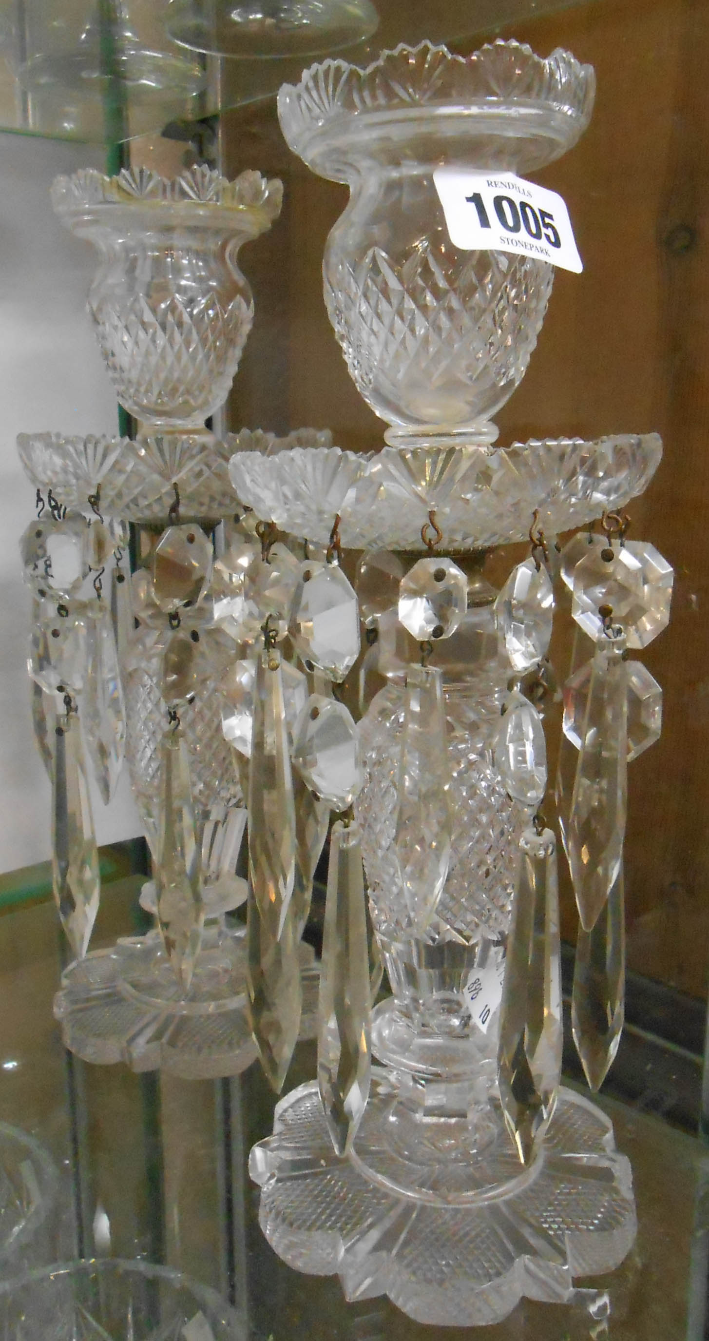A pair of Edwardian cut glass table lustres with drops - one a/f