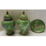 A pair of 20th Century Chinese cloisonne lidded vases - sold with a small pin dish