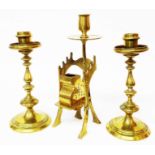 An Arts & Crafts movement brass candlestick desk stand combination with pen holder and swivel