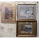 Three framed original watercolours comprising fisherman in a river landscape, winter landscape and