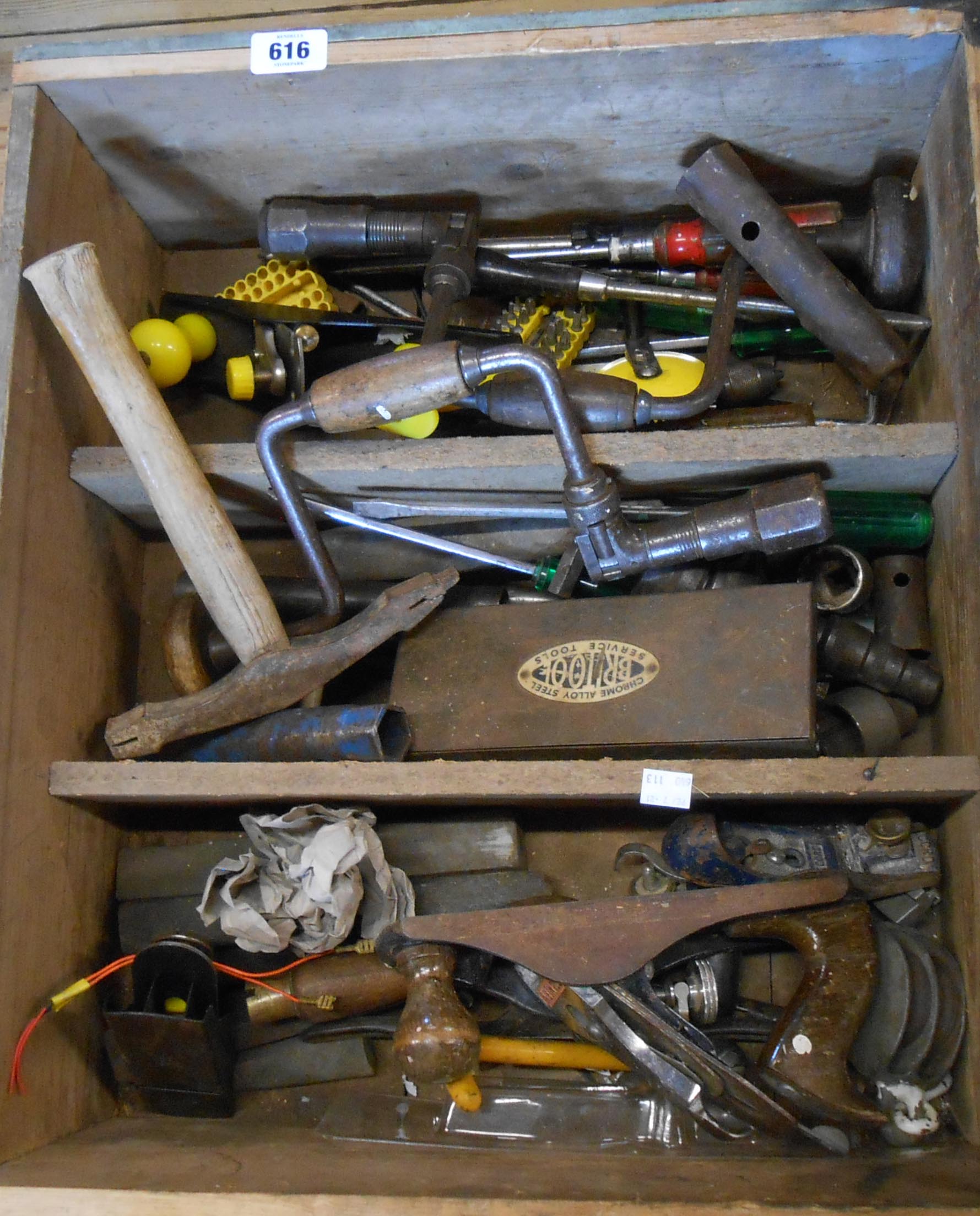 An old furniture drawer of assorted woodworking and other tools including braces and bits, Record