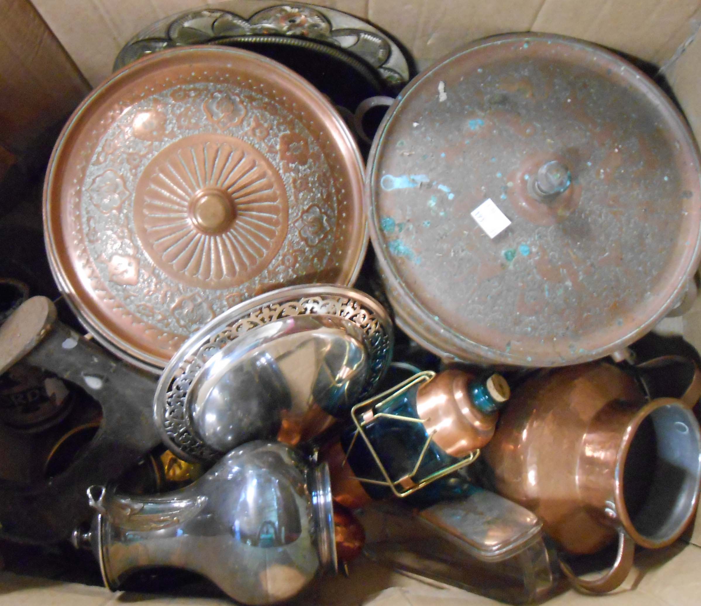 A box containing assorted metalware and other items including copper tureens, silver plated items,