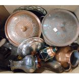 A box containing assorted metalware and other items including copper tureens, silver plated items,