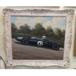 An ornate gesso framed 1963 oil on board, depicting John Cooper racing at a hill climb - details