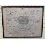 Franz Hogenberg: a Hogarth framed antique monochrome map of Leyden with text verso from the 1593