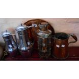 Two vintage stainless steel Thermos jugs - sold with a copper tray, jug and lamp